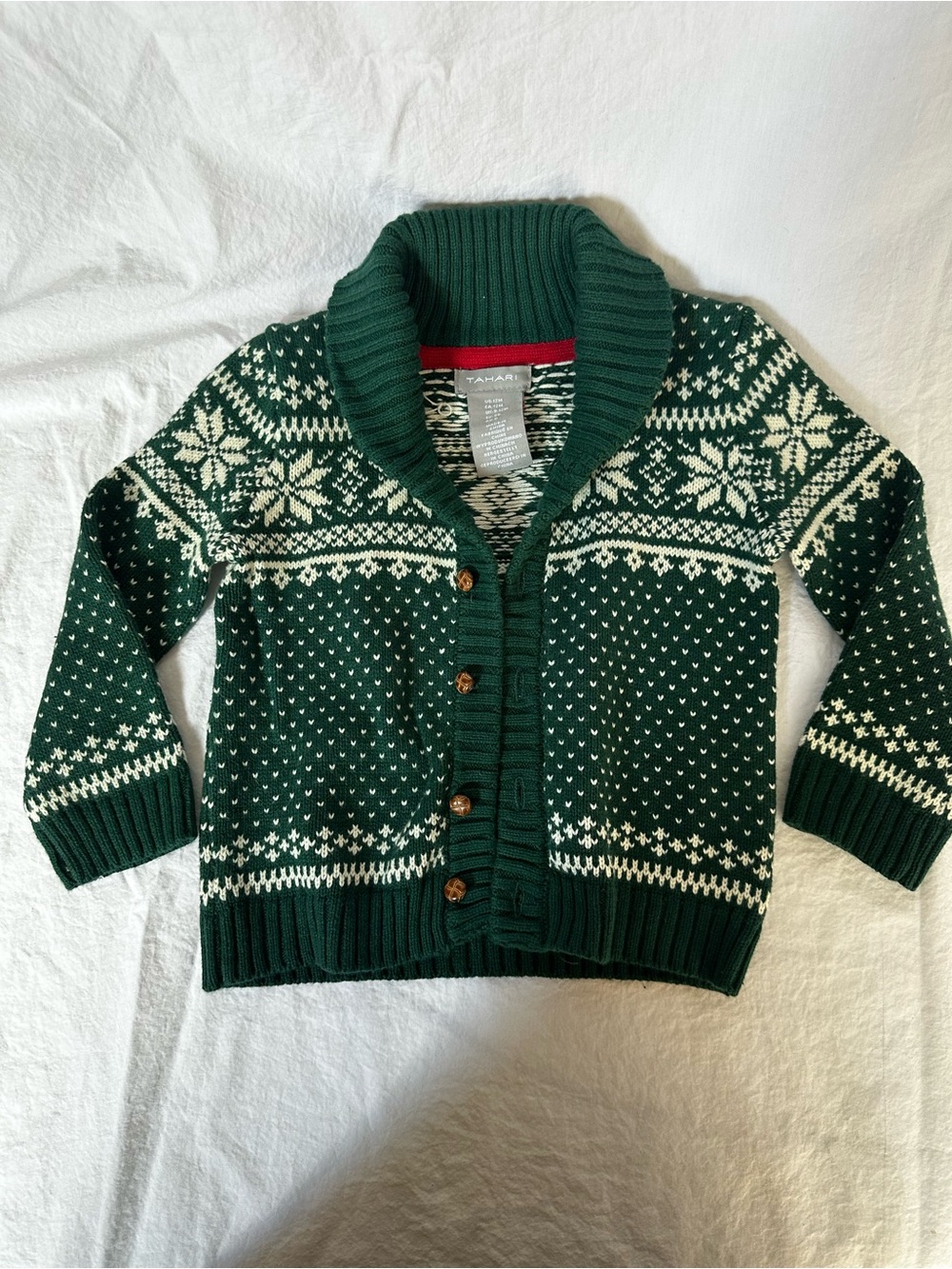 Tahari Green and White Fair Isle Shawl Collar Cardigan
